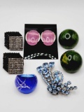 Costume jewelry: rhinestone & Bakelite earrings, pin, glass ring