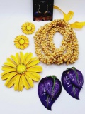 Jewelry lot: enamel flowers, fur clips, shell beads