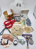 Jewelry lot: jade, pins, arrowhead, icon, beads