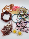 Costume lot: beads, earrings. vintage glass pin