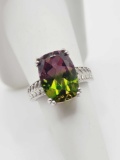 Large pink to green stone sterling silver ring, size 7