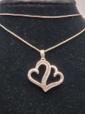 Genuine diamond & sterling silver double heart pendant necklace