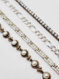 (4) vintage sterling silver bracelets: tennis, pearl and link