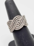 Diamond pave sterling silver woven band ring, size 6