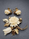 Carved natural material gold filled rose earrings and pin