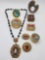 Antique/vintage lady portrait necklace, mosaic boxes and pins