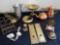 Aluminum pitcher, brass items, modern store counter bell, etc.