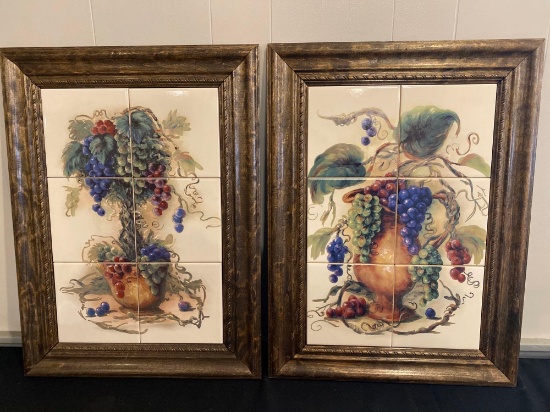 Pair framed grapes decorated ceramic tiles, 23.5" x 17.75" frames.