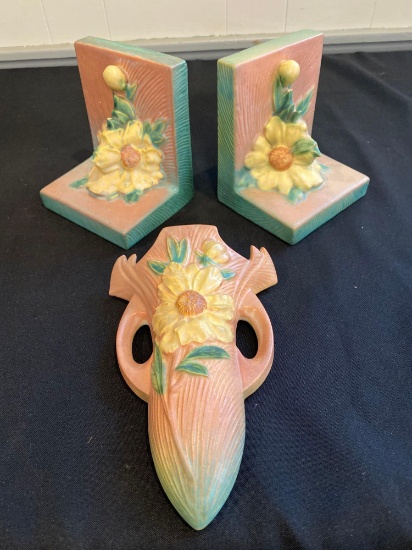 Roseville #1293-8" wall pocket, pair damaged & repaired #11 bookends.