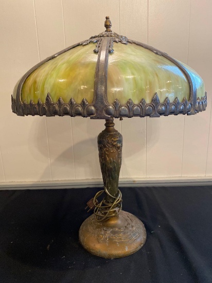 Unsigned 8-panel slag glass table lamp, 23" tall. Shade is 18" diameter.