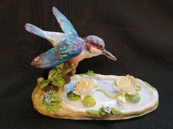 Staffordshire porcelain bird over pond w/ water lilies, by JT JONES