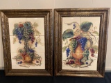 Pair framed grapes decorated ceramic tiles, 23.5
