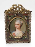 Antique porcelain portrait in jeweled metal frame