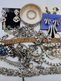 Dazzling vintage rhinestone jewelry lot: pins, bracelets, earrings
