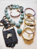 Costume jewelry lot: beads, bracelets and beaded purse necklace