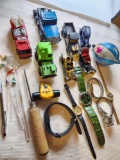 Vintage toys, watches, tree bulb, glass sticks