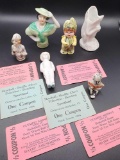 Vintage bisque figures: pincushion girl, ticket stubs