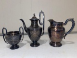 Oneida silverplate pitcher, R&B plated teapot & matching sugar.
