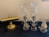 Pair glass lamps w/ prisms, brass piano lamp (dent), wheelcut pattern glass lamp.