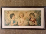 Print with three girls & bird singing, 40.5 x 21.5 frame.