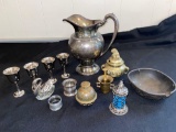 Silverplate pitcher, Rogers stemmed wines, brass items.