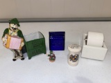 Japan porcelain accordion player, letter & stamp collectibles.