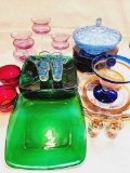 Vintage glass lot: green plates, purple dishes, red cups