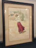 Antique watercolor of a lady playing tennis signed R. McGowan