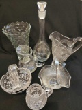 Lot of vintage clear glass: vase, baskets, ewer