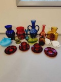 Lot of 18 piece Glass Vases, Cups, Sausers, Jug, Candy bowls and Small Compote.