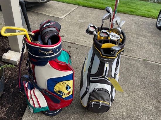two golf bags with clubs.