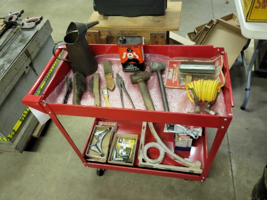 2 Tier shop cart, metal angle bracelet, hand tools