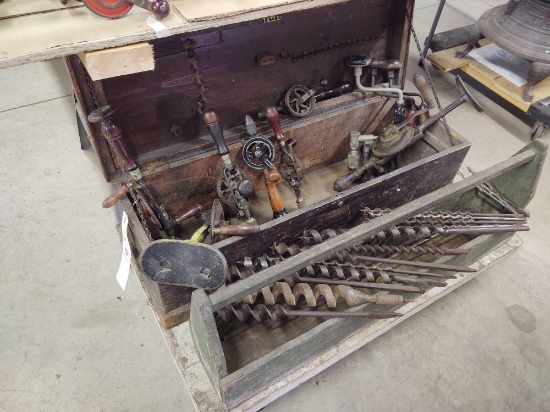 2 Vintage Wooden Toolboxes w/ Primitive Hand Drills and Bits