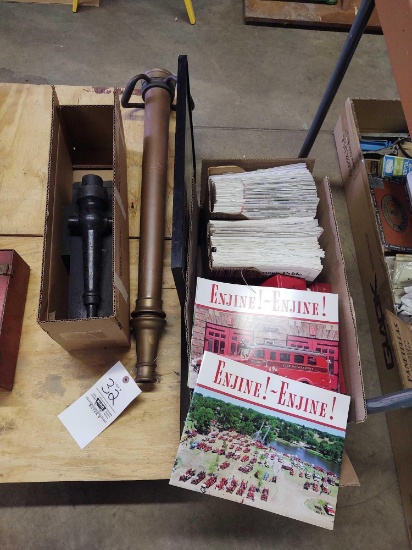 Assorted Fire Fighter Items inc. Brass Nozel and Assorted Enjine Enjine Books