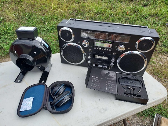 GPO Boombox, In-Line Fan, NobiPren Headphone, & Bose Headphones