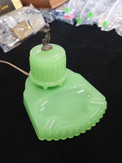 Jadeite ashtray and working lighter with baseball figure