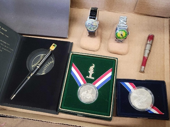 Commemorative coins, pen, and 2 watches