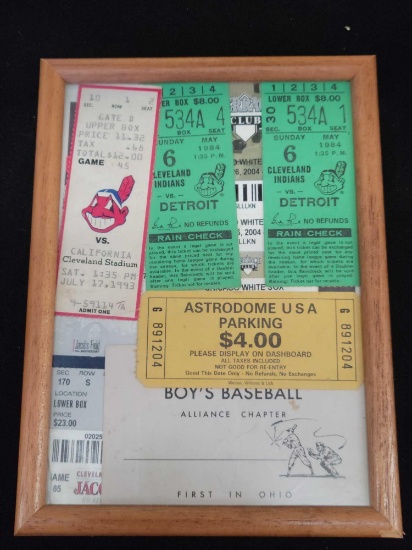 Framed Cleveland Indians ticket stub, Cleveland vs. Detroit ticket stubs, astrodome parking stub