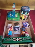 Cast bank, tin baseball toy, Indians drum, Steve Quin signed card no cert