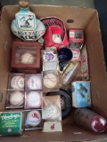 Baseballs, Indians bumper stickers, decanter
