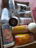 Baseball collector glasses, tin bank