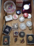 Cleveland Indians buttons, pins, ash tray, and commemorative coins