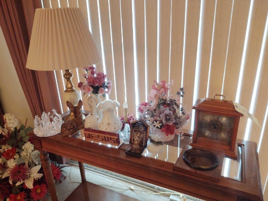 Glass Nativity Set, Lamp, Howard Miller Mantle Clock, Silver Crest Vase and assorted Decor