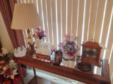 Glass Nativity Set, Lamp, Howard Miller Mantle Clock, Silver Crest Vase and assorted Decor