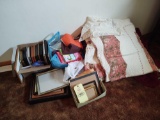 Assorted Picture Frames, Bed Spread, Rugs
