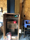 Wood cabinet, speakers, fire extinguisher