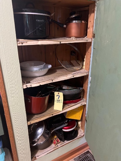 Crock pot, pots, pans, cookware, baking sheets, white storage cabinet, misc in closet