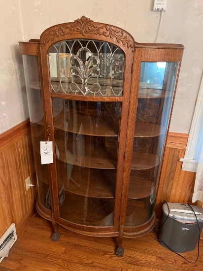 Oak Curved Glass Curio with Leaded Glass Panel Front