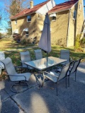 Outdoor Patio Set - 6 Chairs, Glass Top Table, & Umbrella