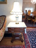 Victorian Marble Top Rose Carved Pull Two Drawer Lamp Table